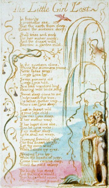 Den fortabte lille pige, billede 5 fra Songs of Innocence, 1789 (reliefradering med wc på papir) af William Blake